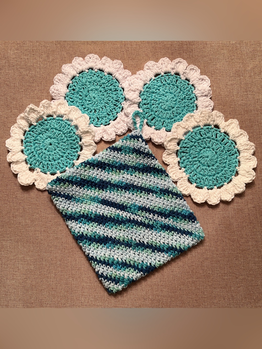 Hand Crocheted Aqua and White Crochet Coasters & Hot Pad Set